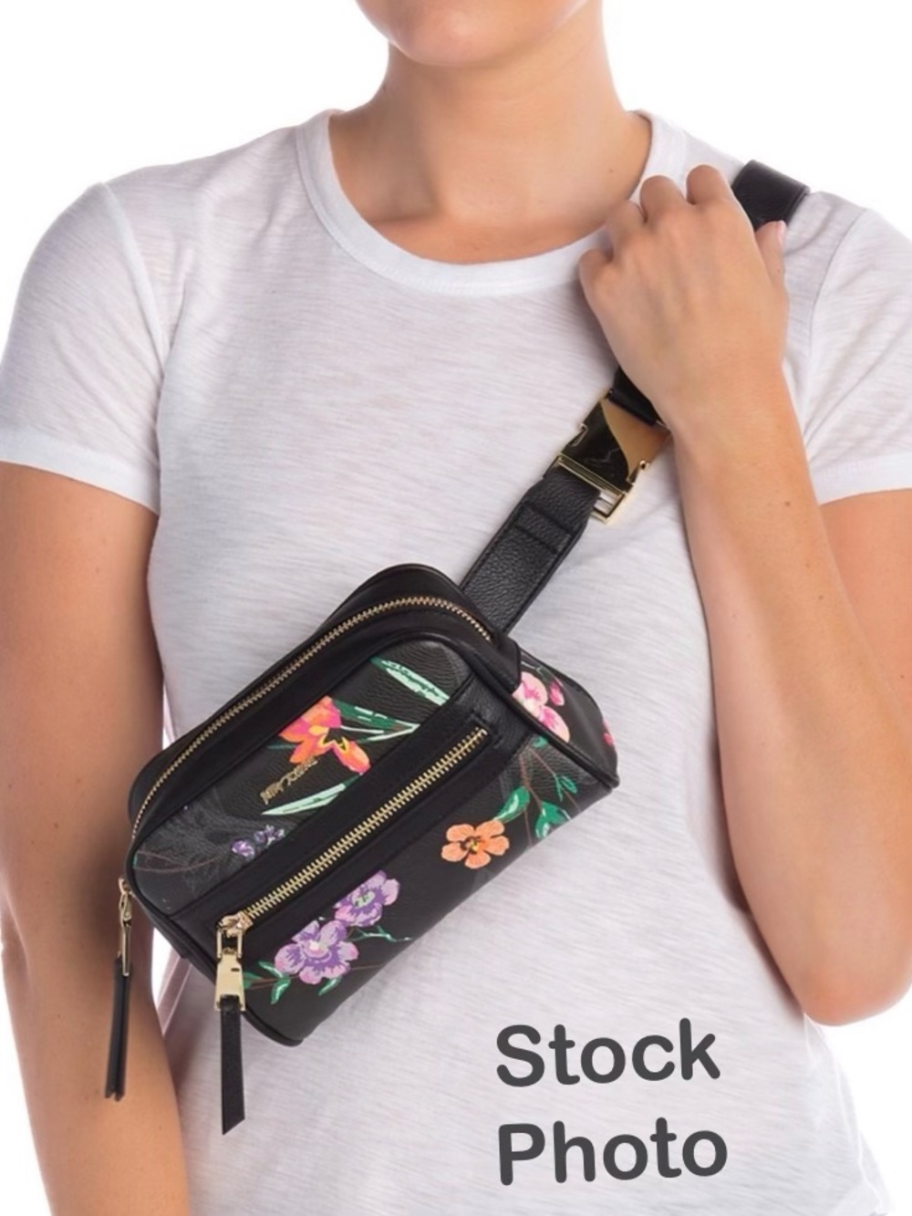 BETSEY JOHNSON Botanical Black Floral Faux Leather Crossbody Belt Bag #BJ93420A